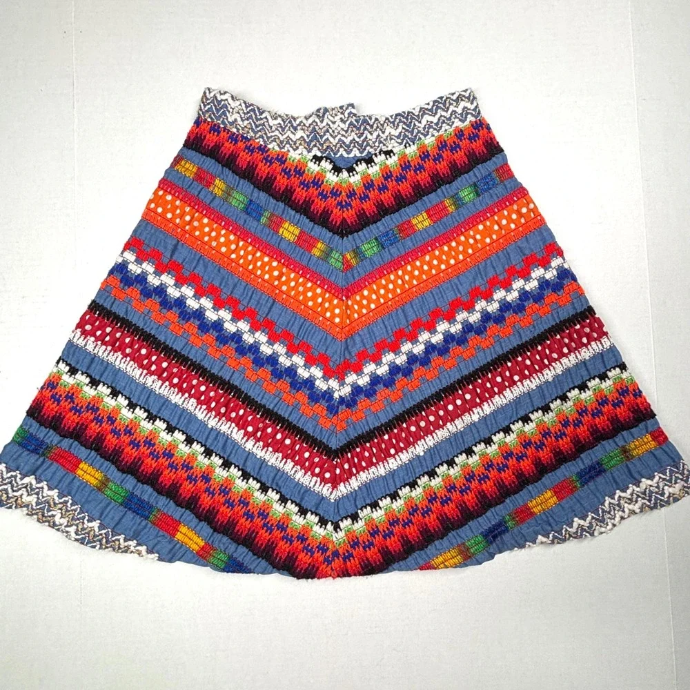 VTG Girls 14 Multi Color Chevron Embroidered Smocked ALine Skirt Ethnic Festival
